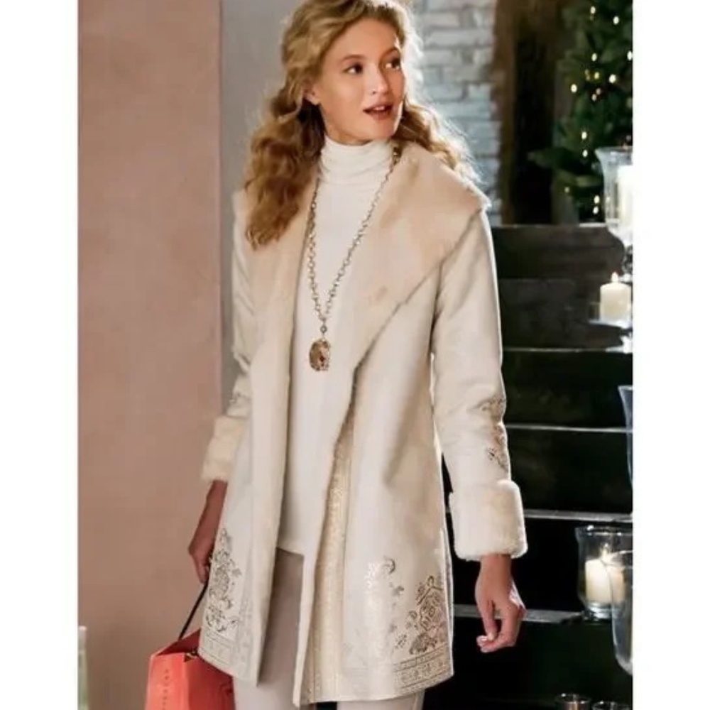 Gorgeous Soft Surroundings Cream color with gold metallic design coat jacket XL